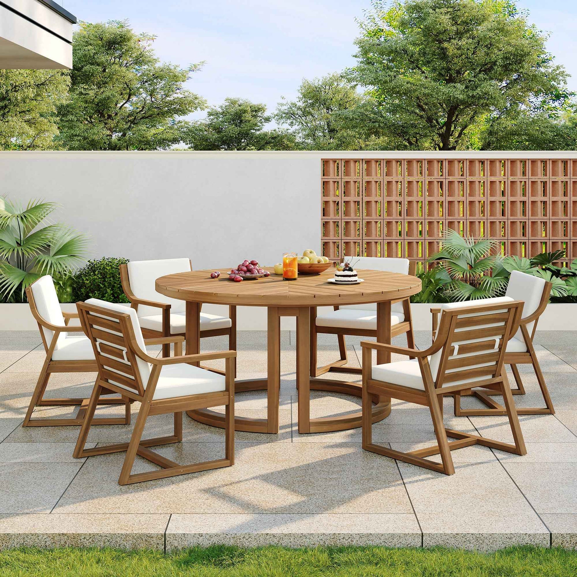 TREXM 7-Piece Outdoor Acacia Wood Dining Set for 6 – 59" Round Table with Umbrella Hole & Removable Beige Cushions, Light Teak (Deliver to United States Only)