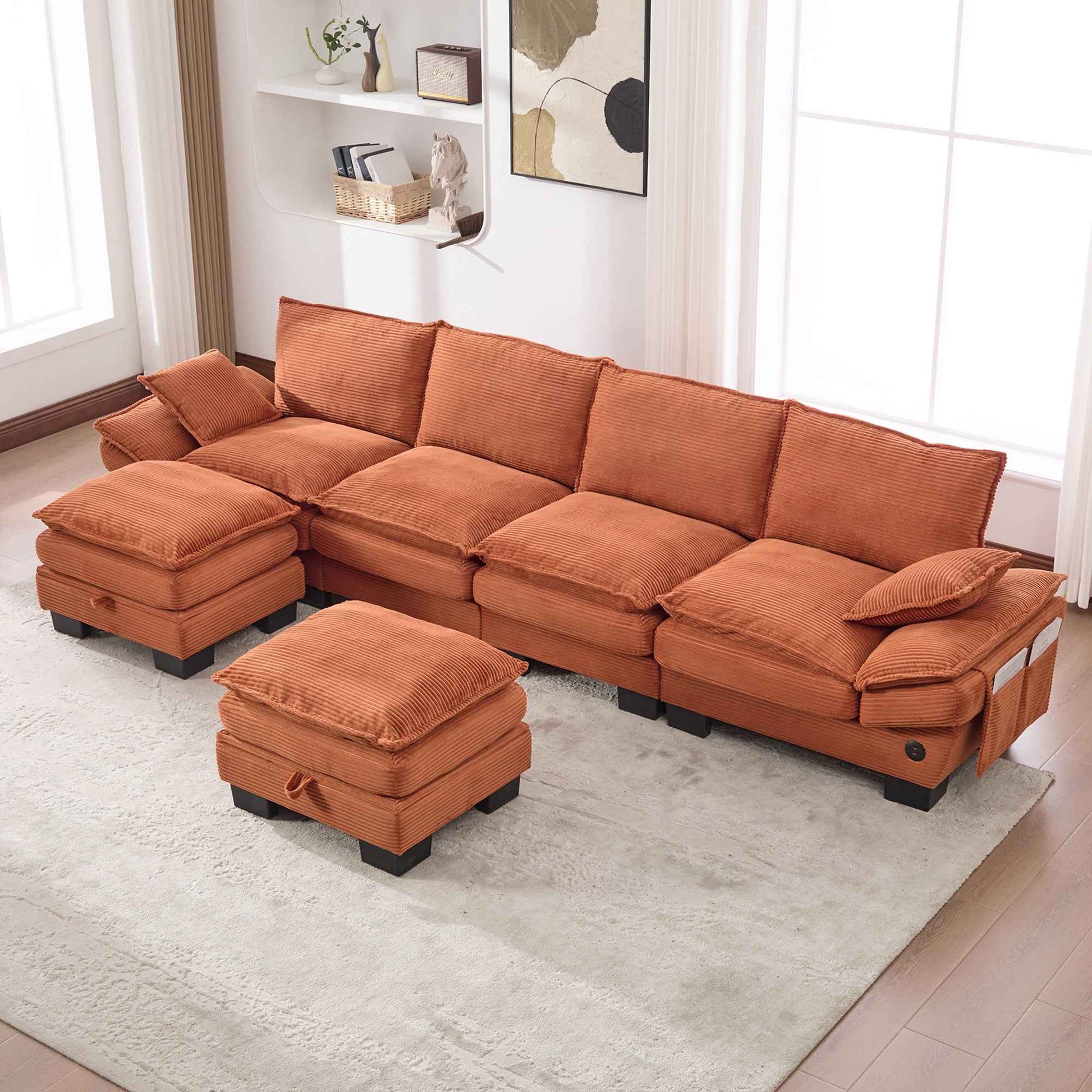 Orange Corduroy Cloud Modular Sectional Sofa – Deep Seat 4-Seat Couch with Storage & USB Ports