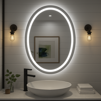 Ondelle Oval LED Bathroom Mirror — Front-Lit Ring + Backlit Halo, Anti-Fog | 24″×32″, 30″×36″