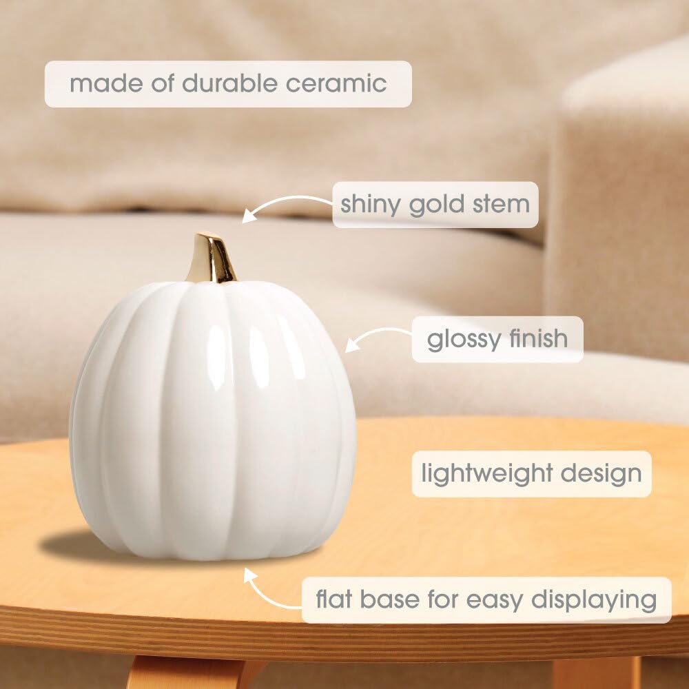 Pearhead White Ceramic Pumpkin, Home Fall Décor, Modern Holiday Home Decor, Trendy Halloween Decorations, White, Small