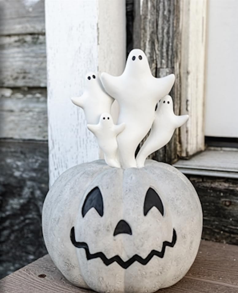 Boston International Halloween Figurine Tabletop Mantel Shelf Fall Autumn Decorations for Home, 7" x 10", Ghost & Jack-O-Lantern