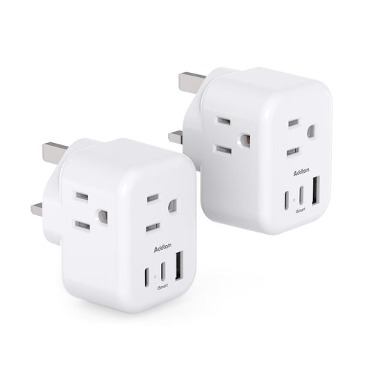 2-Pack US/CA to UK Ireland Travel Plug Adapter, Addtam Type G Power Outlet Adapter with 3 AC Outlets 3 USB(2 USB C), Travel Essentials for USA to Dubai Scotland British London England Hong Kong Irish 🍁 All In One Marketplace Canada