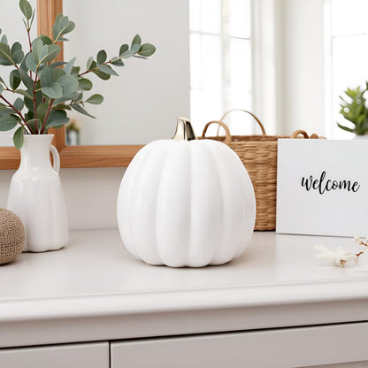 Pearhead White Ceramic Pumpkin, Home Fall Décor, Modern Holiday Home Decor, Trendy Halloween Decorations, White, Small