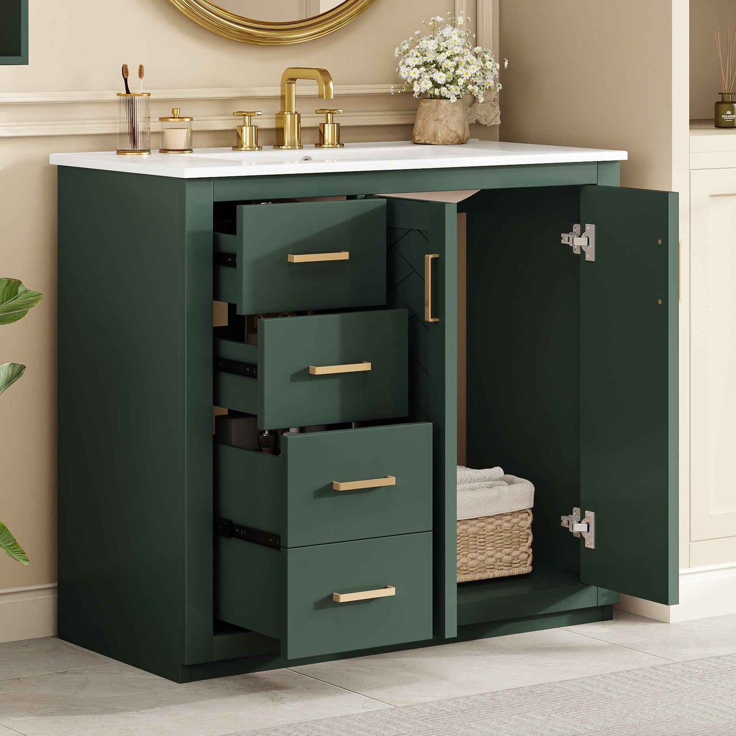 36" Green Bathroom Vanity with Ceramic Sink – Freestanding Cabinet with 3 Drawers