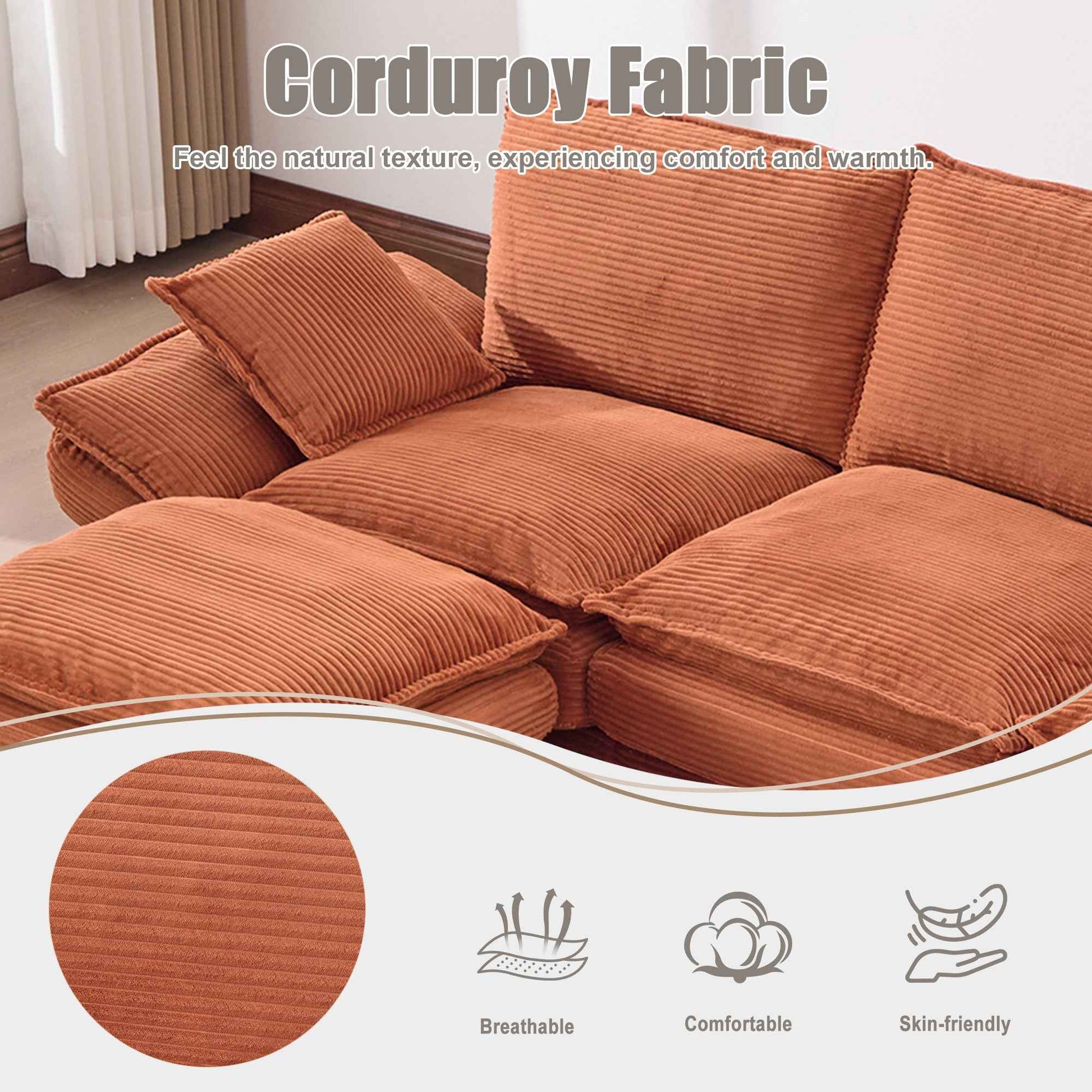 Orange Corduroy Cloud Modular Sectional Sofa – Deep Seat 4-Seat Couch with Storage & USB Ports
