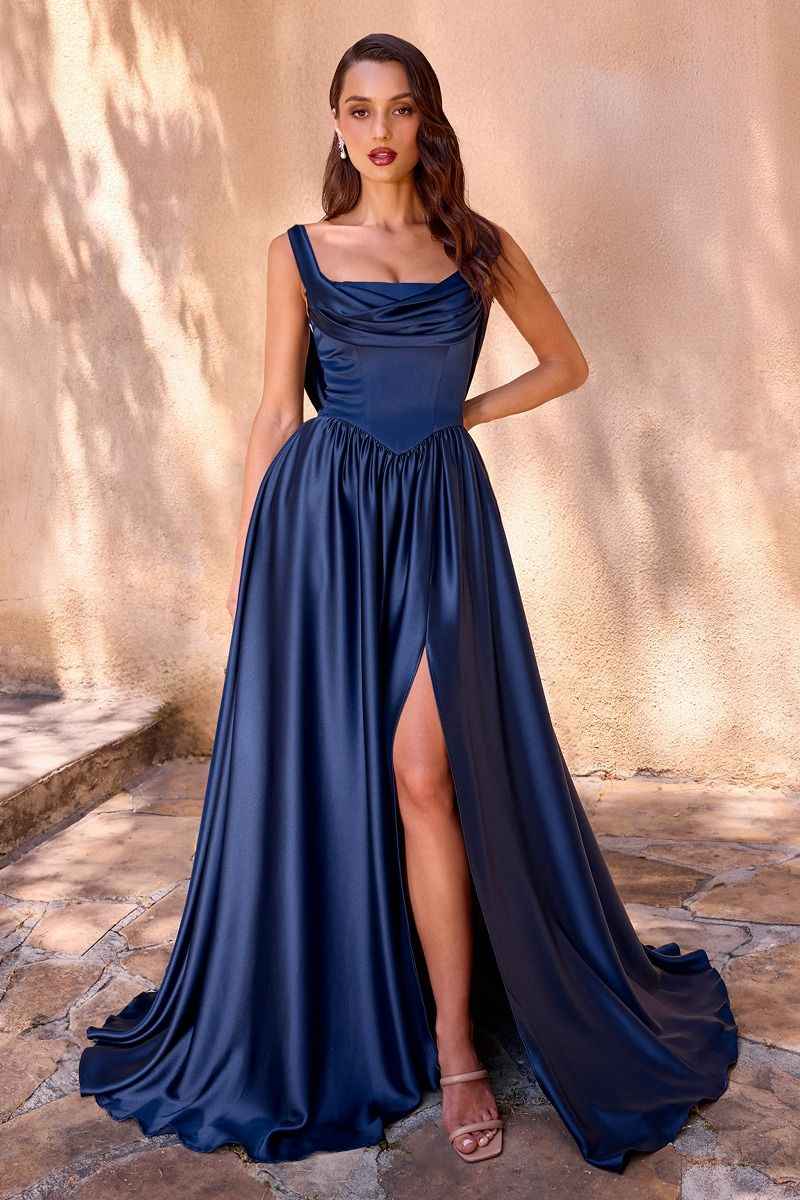 Pleated neckline, thin straps & leg slit