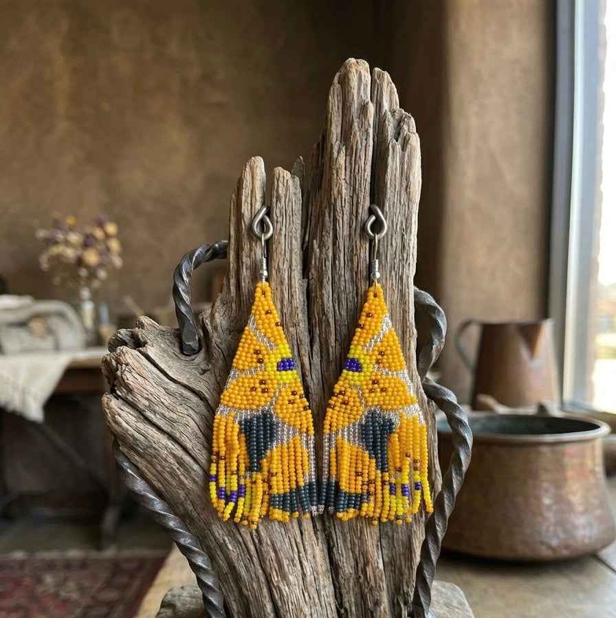 Flower Fringe Beaded Earrings (Mustard)