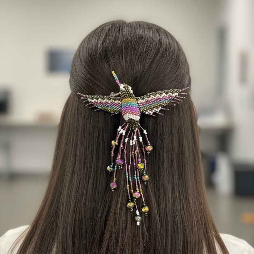 Purple  / white Hummingbird Barrette with Fringes