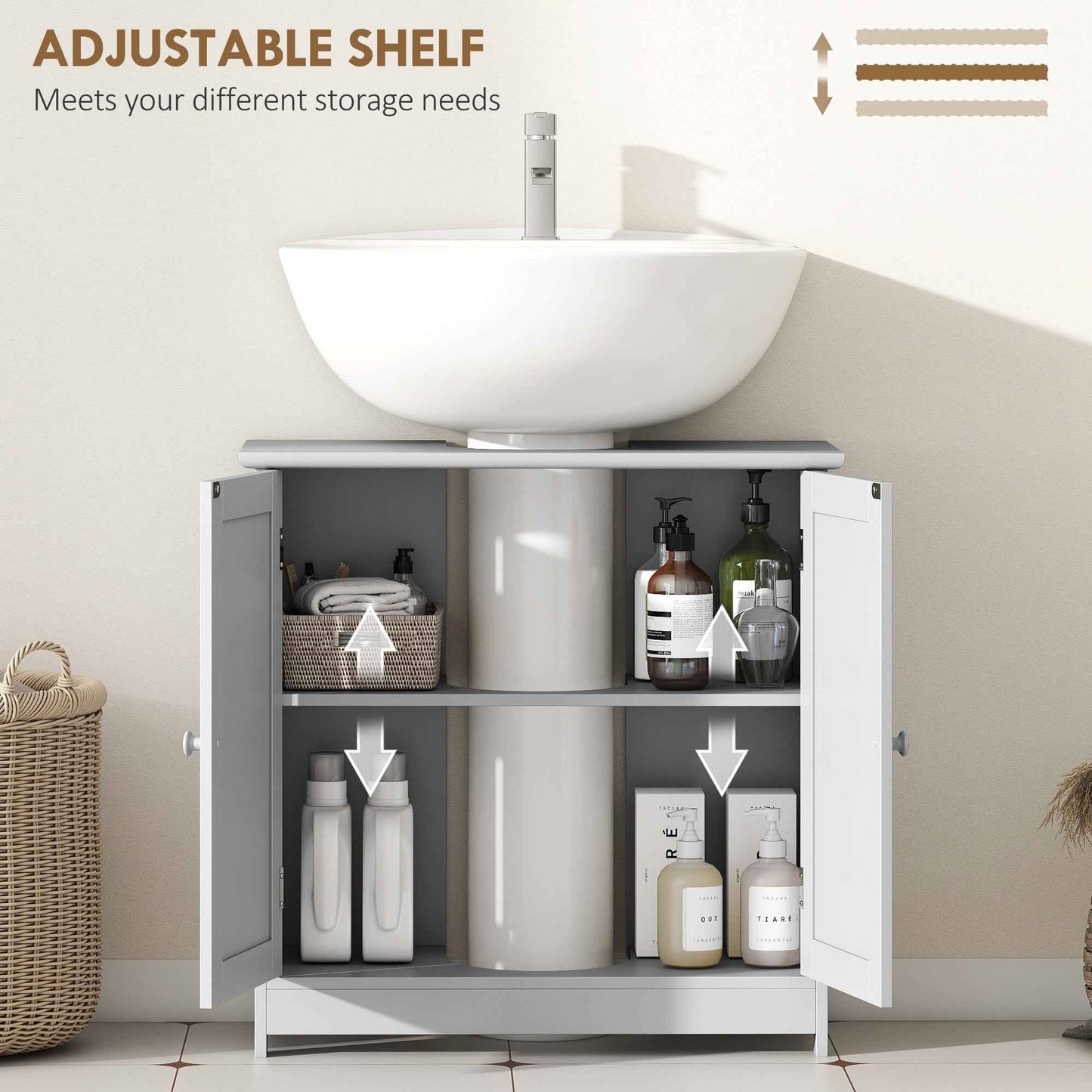 Modern Under Sink Bathroom Cabinet – MDF Vanity Storage Cabinet with Adjustable Shelf