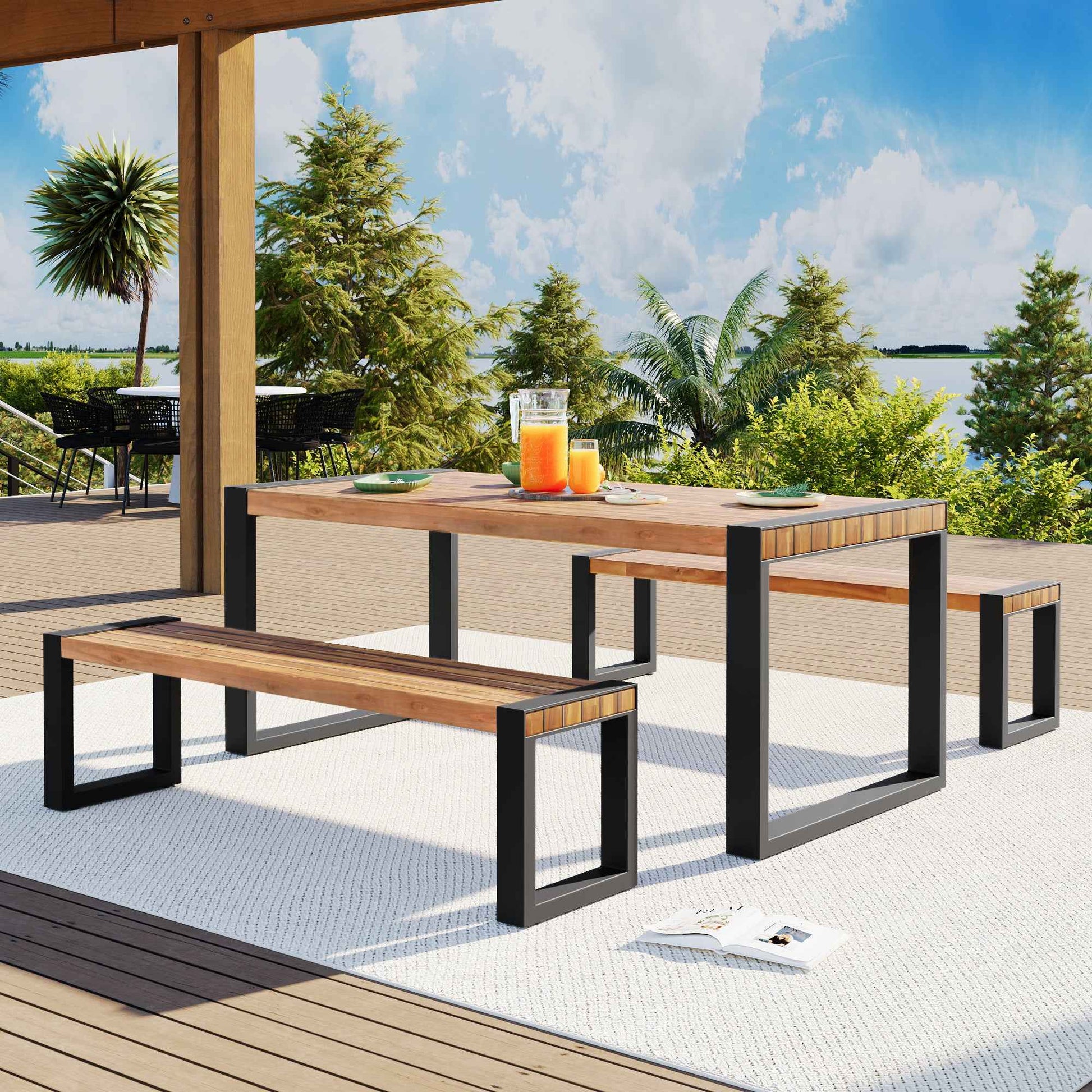 3-Piece Outdoor Dining Set with Acacia Wood Table & 2 Benches – Steel Frame Patio Furniture, Natural (US Delivery Only)