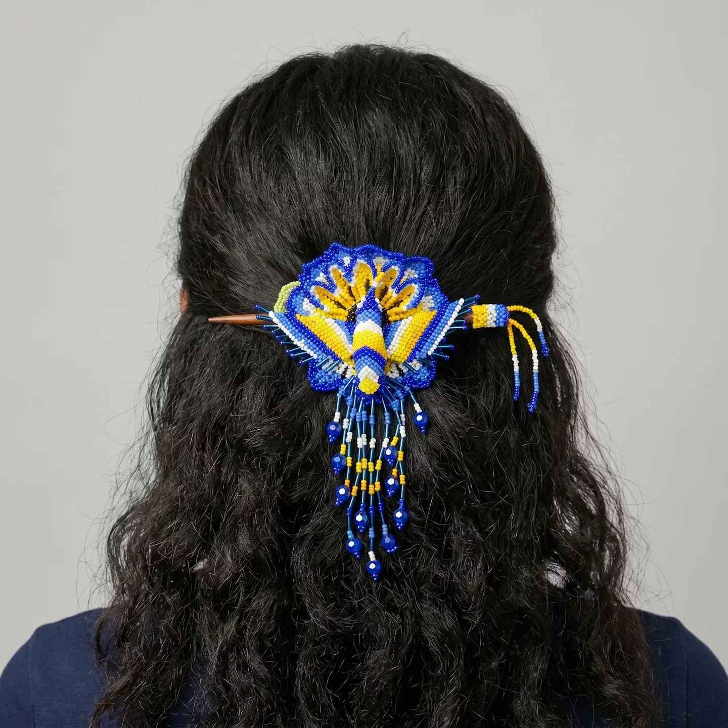 Maple Blossom Hummingbird Beaded Hair Stick Barrette Blue