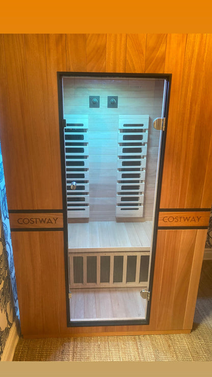 PREORDER NOVEMBER 2026-Costway 2-Person Dual Therapy Full Spectrum Infrared Sauna with Red Light Panel, WiFi App Control, Chromotherapy & Bluetooth – Okoume Wood- Fully Loaded Indoor Spa