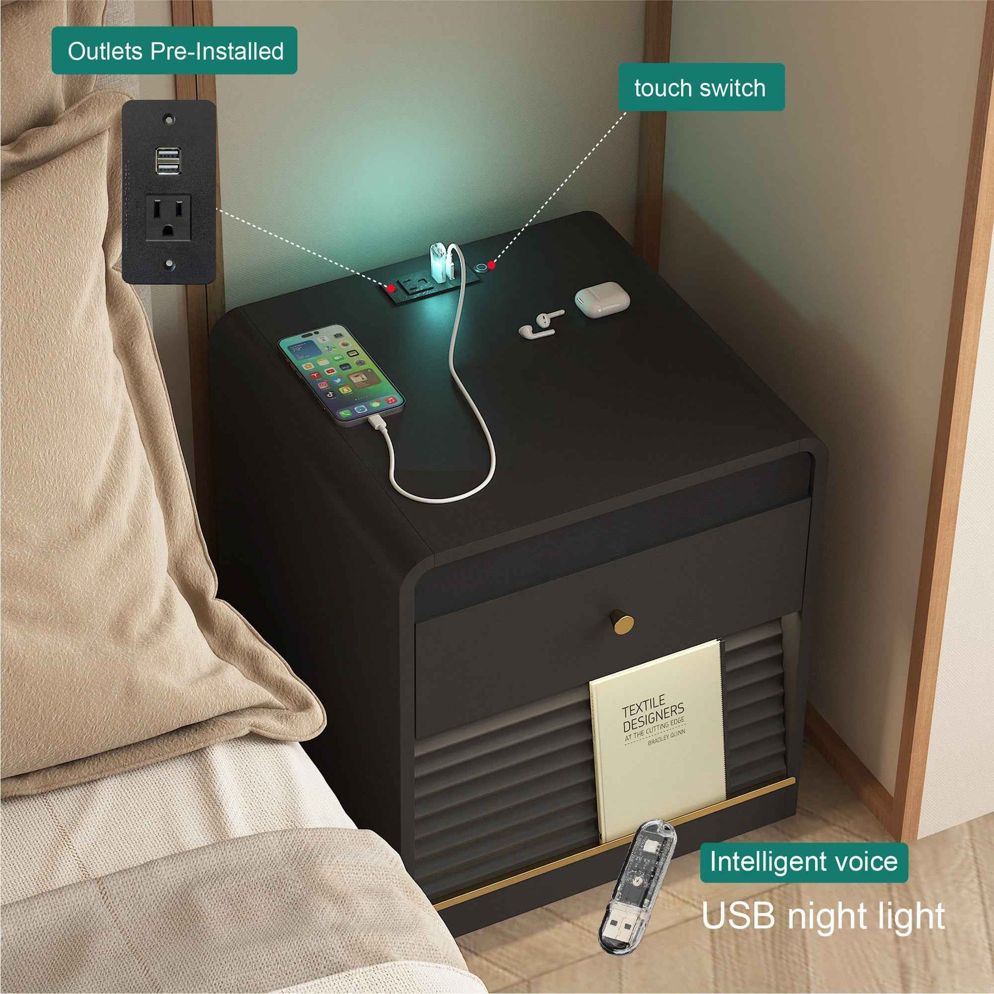 Black Smart Nightstand with Charging Station & LED Night Light – Bedside Table with Storage Cabinet