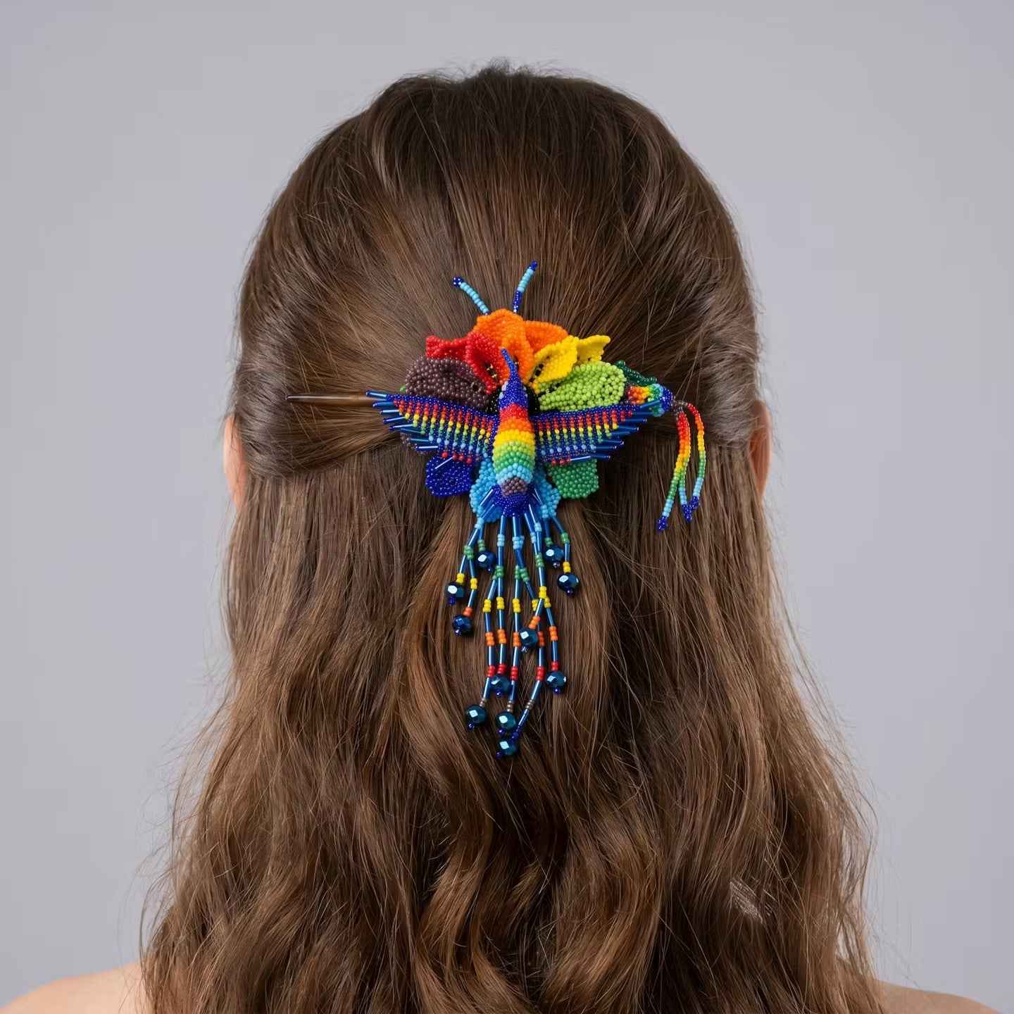 Maple Blossom Hummingbird Beaded Hair Stick Barrette Blue