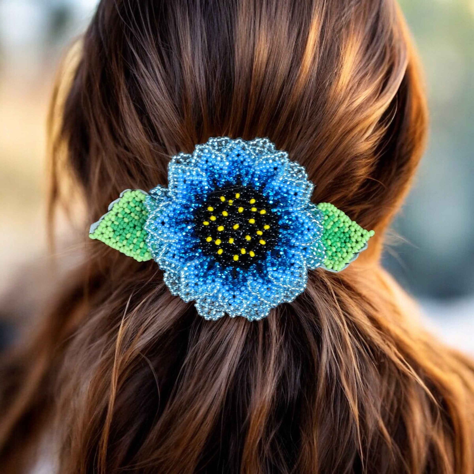 Handmade Beaded Sunflower Hair Clip-Sky Blue