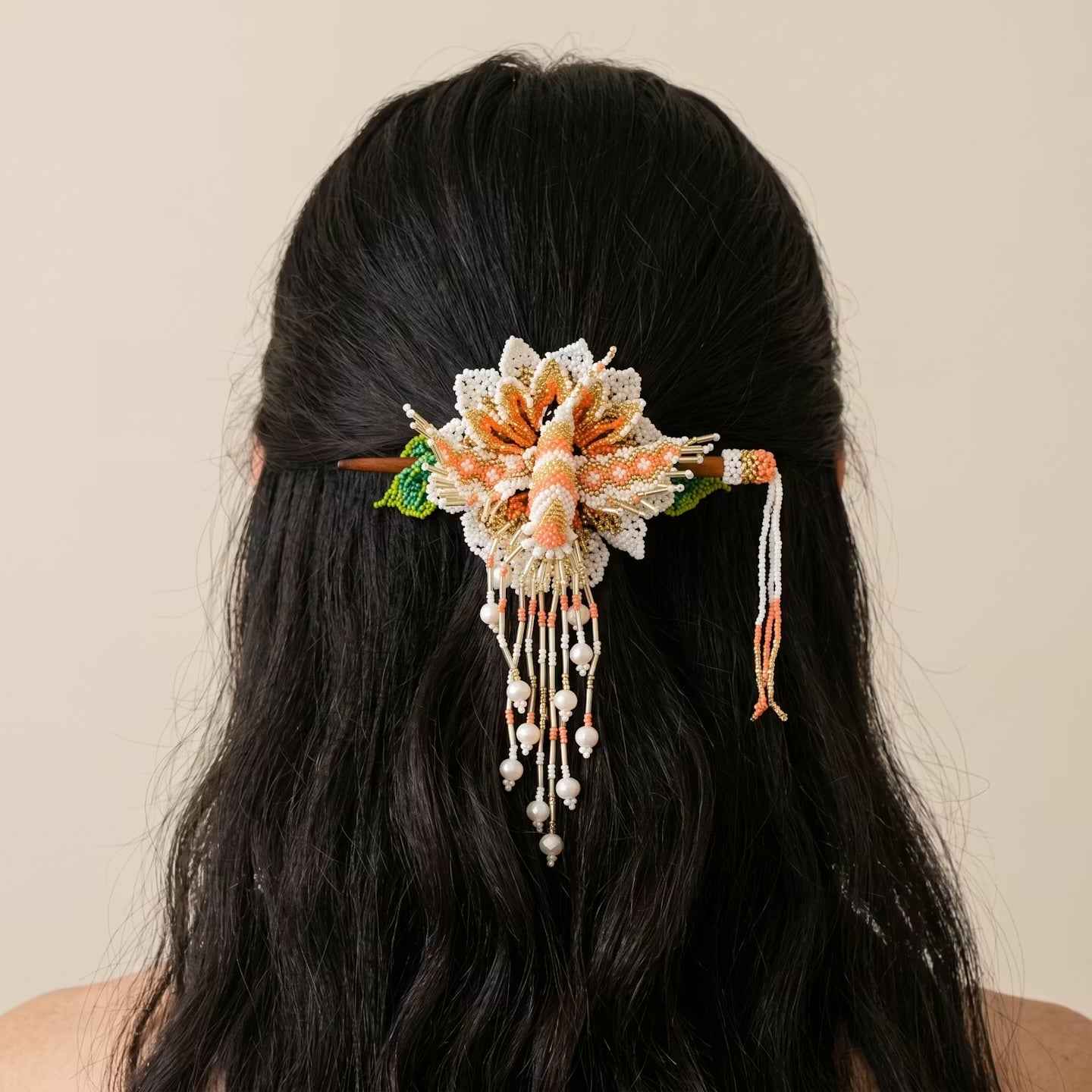 Maple Blossom Hummingbird Beaded Hair Stick Barrette White