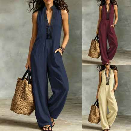 Women’s Sleeveless Stand Collar Jumpsuit – V-Neck Lace Trim Wide-Leg Pants with Pockets