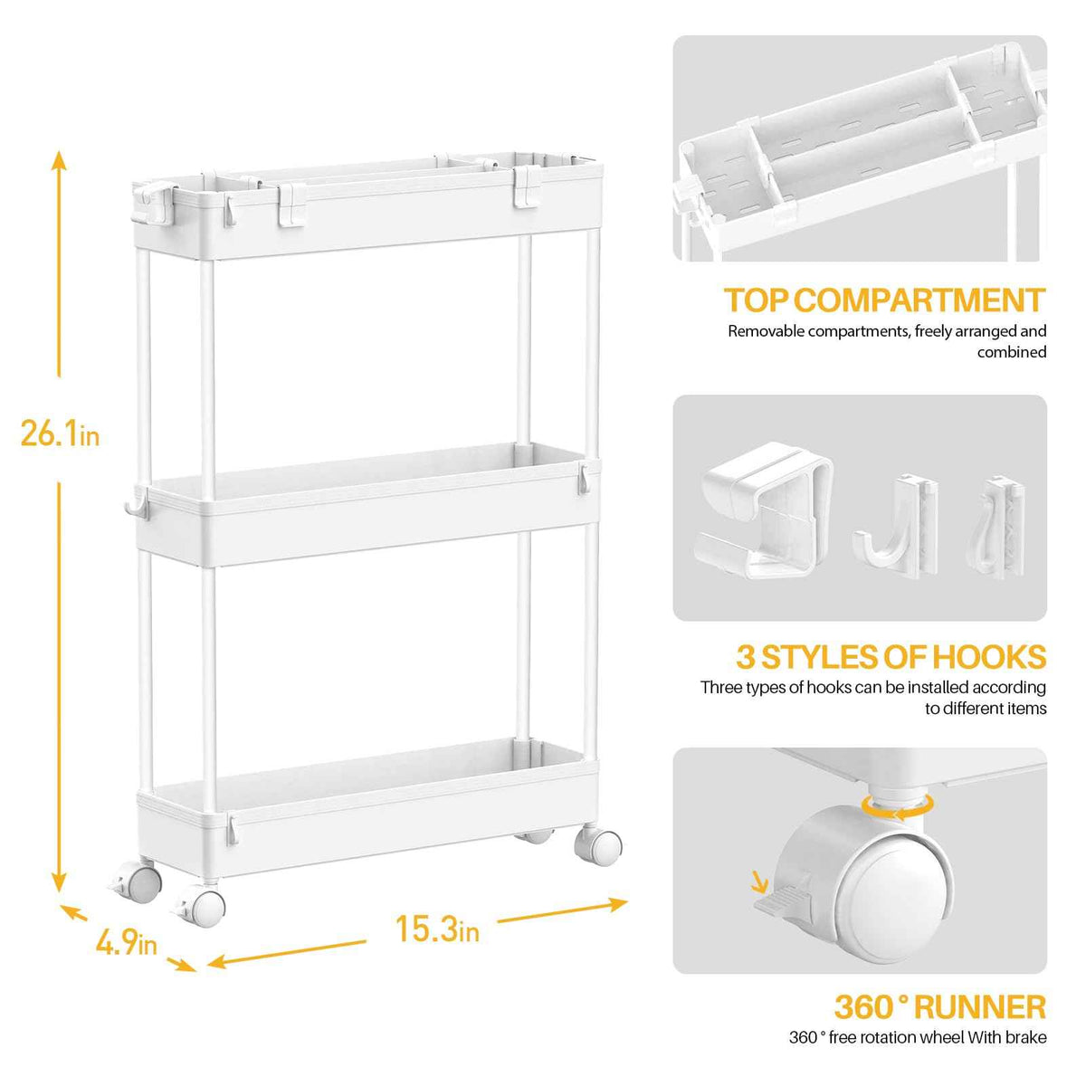 SPACELEAD Slim Storage Cart,3 Tier Bathroom Rolling Utility Cart Storage Organizer Slide Out Cart, Mobile Shelving Unit Organizer Trolley for Office Bathroom Kitchen Laundry Room Narrow Places, White 🍁 All In One Marketplace Canada