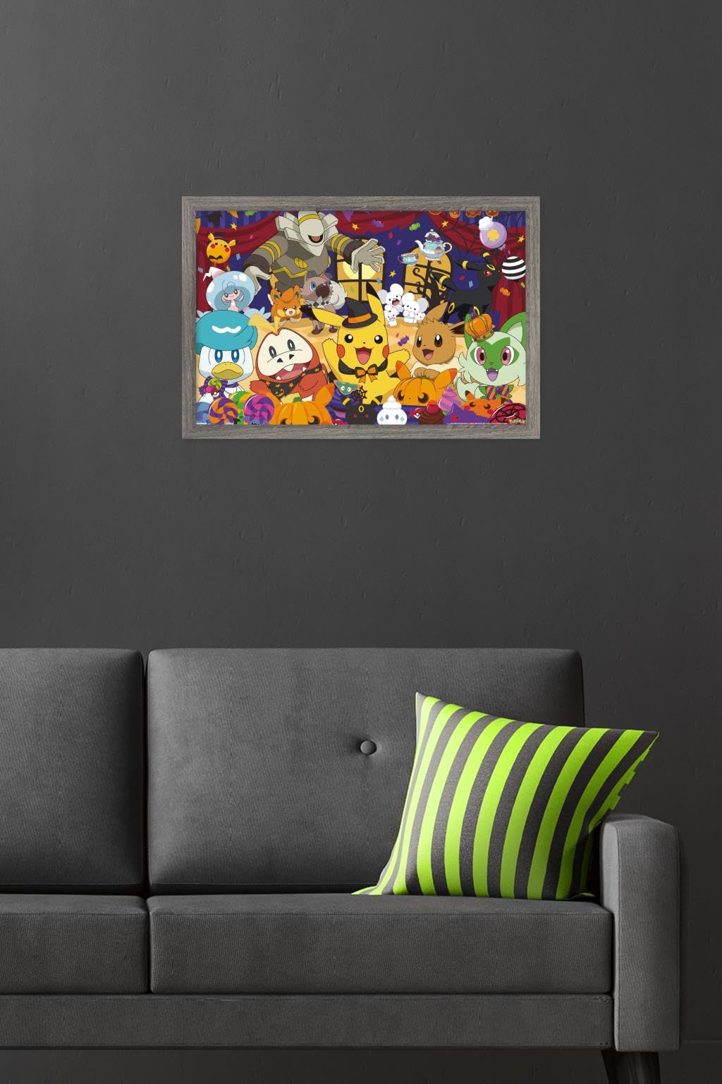 Pokémon: Halloween Party- Group Wall Poster, 22.4L" x 14.7W", Barnwood Framed Version