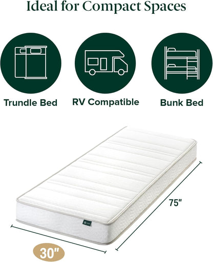 Zinus Narrow Twin Mattress - 6 Inch Foam and Spring Hybrid Mattress, Affordable Mattress, CertiPUR-US Certified Foam with Pressure Relief, Mattress in a Box, 10-Year Warranty, Narrow Twin, 30"x75" 🍁 All In One Marketplace Canada
