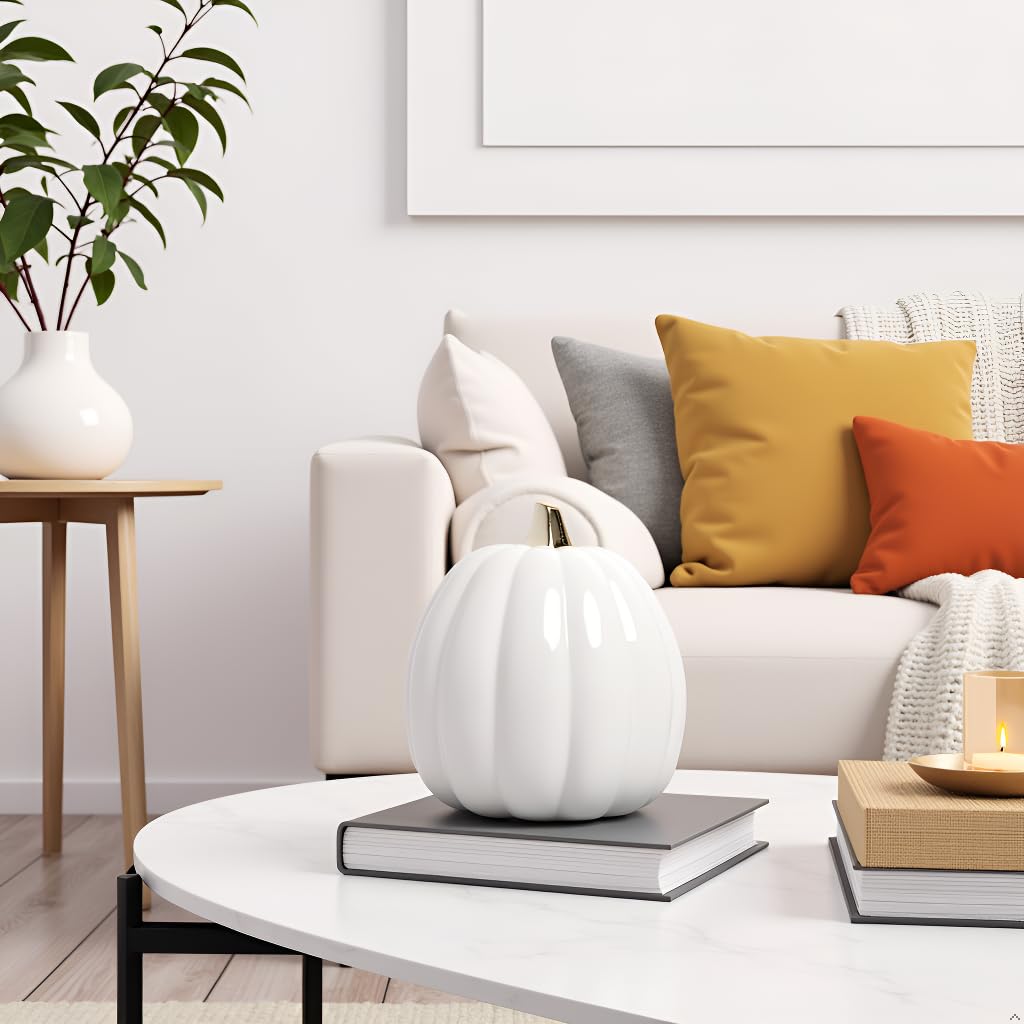 Pearhead White Ceramic Pumpkin, Home Fall Décor, Modern Holiday Home Decor, Trendy Halloween Decorations, White, Small