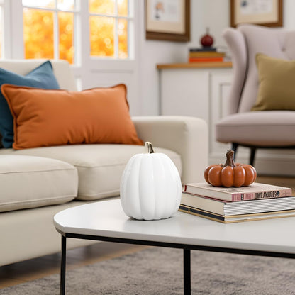 Pearhead White Ceramic Pumpkin, Home Fall Décor, Modern Holiday Home Decor, Trendy Halloween Decorations, White, Small
