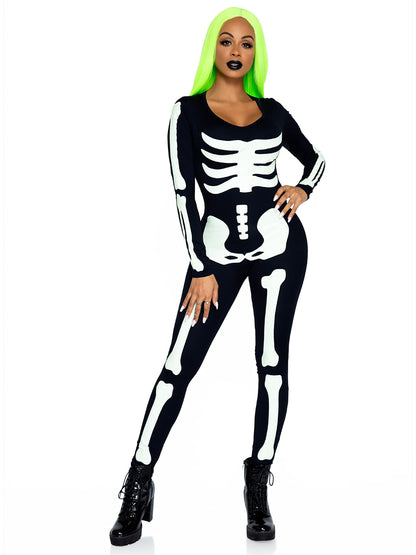 Leg Avenue Women's Glow in The Dark Skeleton Bodysuit Halloween Costume, Black/White, X-Large