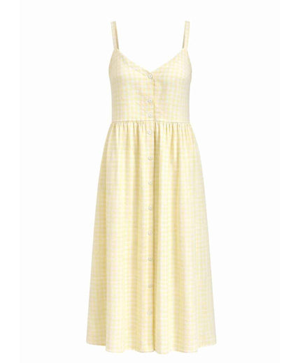 Prairie – Natural Waist Midi Dress With Pockets In Yellow Gingham