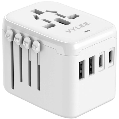 VYLEE Universal International Power Travel Plug Adapter, 5 in 1 European Travel Plug Adapter W/ 3.5A 2xUSB-A and 2xUSB C Wall Charger and Worldwide AC Outlet for Europe USA UK AUS Asia (White) 🍁 All In One Marketplace Canada