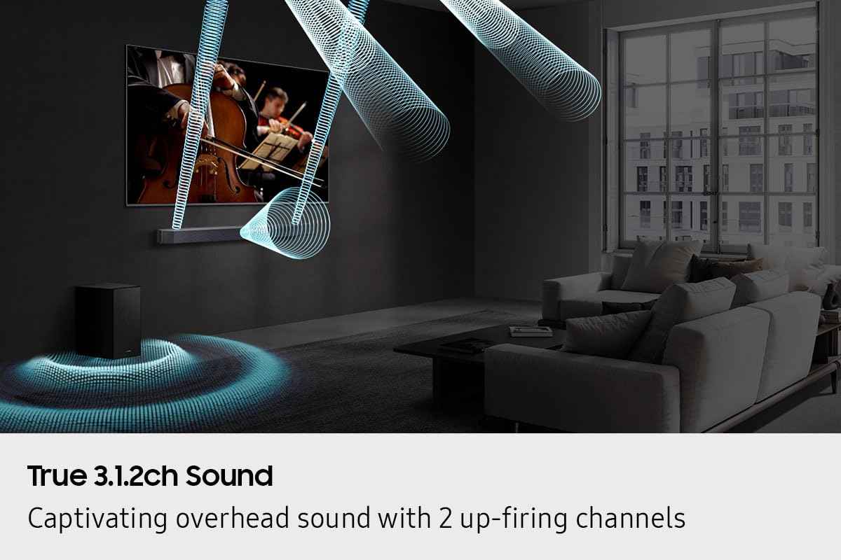 Samsung Sound Bar, Q600F, Dolby Atmos, Wireless, Subwoofer, Surround Sound, 6 Speakers, 3.1.2 Channel, 380 watts, Home Theatre, Dolby DTS, eARC, Bluetooth, AirPlay, Soundbar (HW-Q600F/ZC)