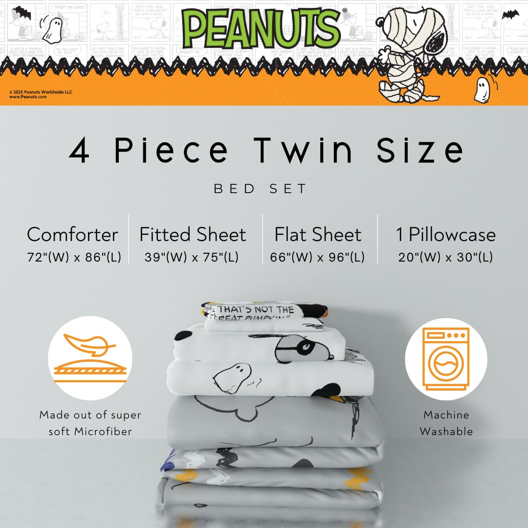 Franco Peanuts Snoopy Halloween Bedding Set, 4 Piece Super Soft Reversible Comforter and Sheet Set, Twin, (100% Officially Licensed Product) Collectibles