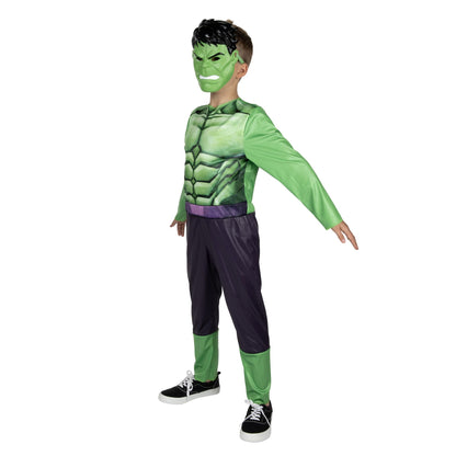 Marvel Hulk Official Youth Halloween Costume - Premium Quality Fabric Jumpsuit with Printed Design and Plastic Mask (Large) Green