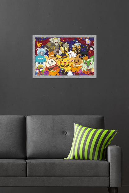 Pokémon: Halloween Party- Group Wall Poster, 22.4L" x 14.7W", Gray Framed Version