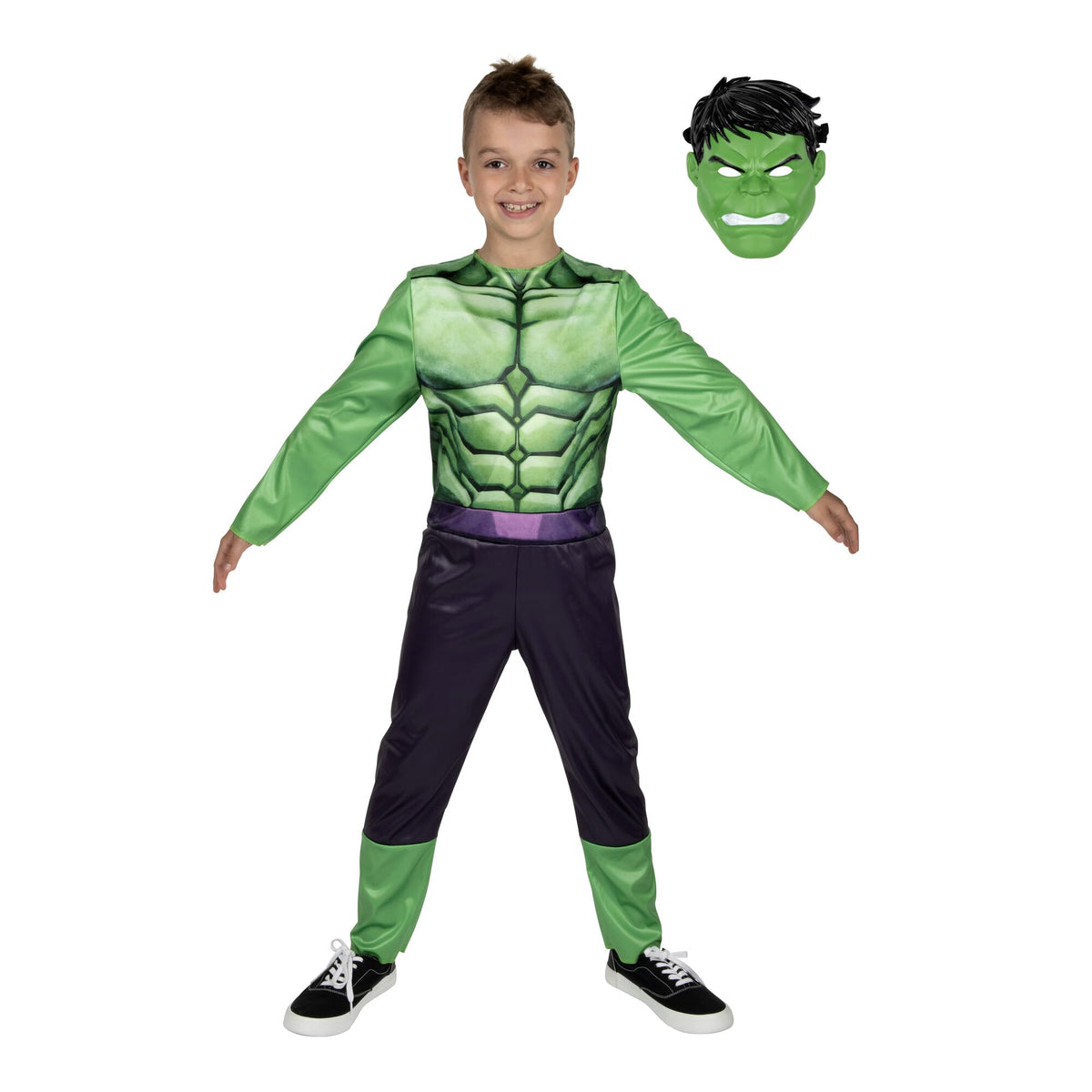 Marvel Hulk Official Youth Halloween Costume - Premium Quality Fabric Jumpsuit with Printed Design and Plastic Mask (Large) Green