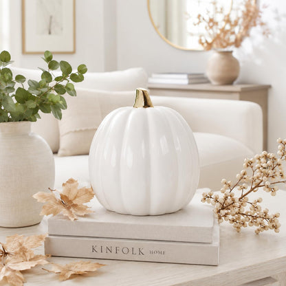 Pearhead White Ceramic Pumpkin, Home Fall Décor, Modern Holiday Home Decor, Trendy Halloween Decorations, White, Small
