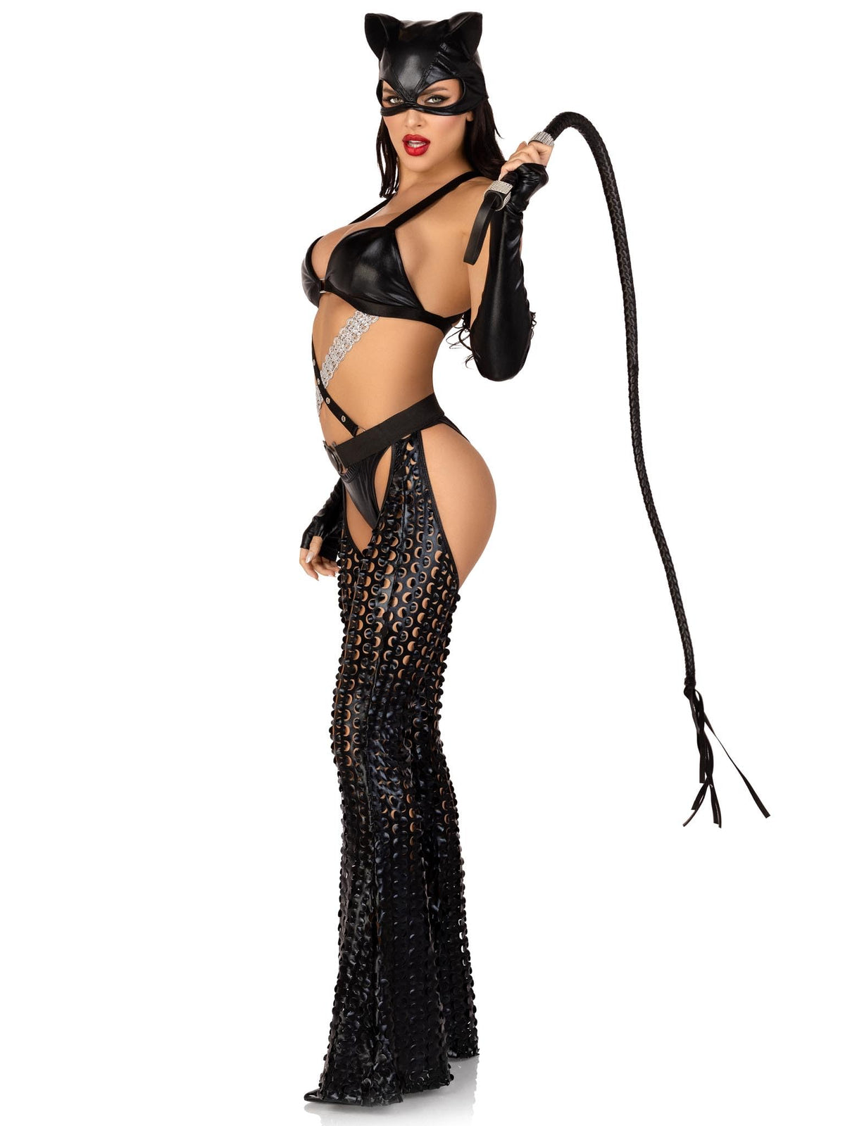 Leg Avenue Women’s 3 PC Mistress Kitty Halloween Costume with Catsuit, LARGE,Black