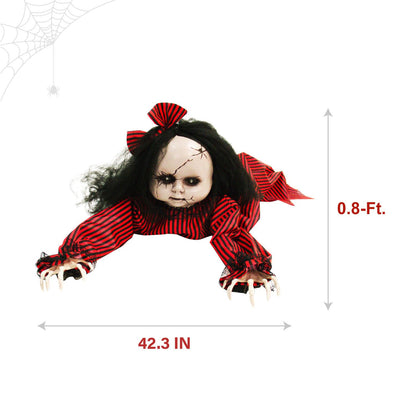 Haunted Hill Farm Scary Haunted Crawling Baby Doll, Halloween Animatronic with Touch Activated Lights and Sound, Battery Operated Indoor or Covered Outdoor Halloween Decorations, Creepy Fright Props