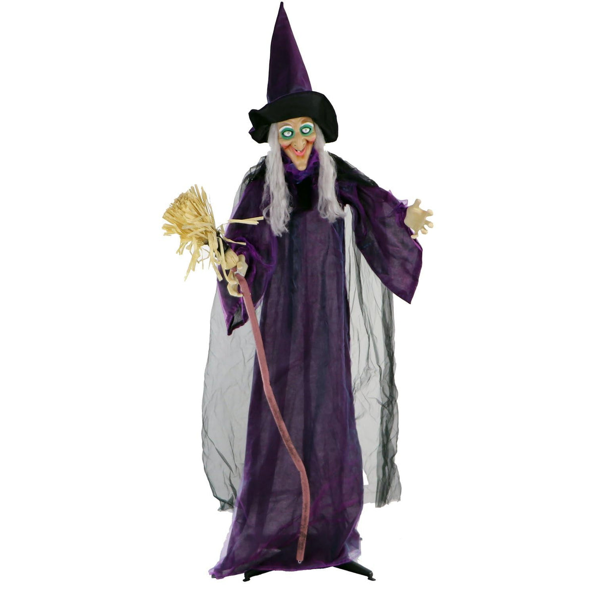 Haunted Hill Farm Life-Size Scary Talking Witch with Broomstick, Halloween Animatronic with Touch Activated Lights and Sound, Battery Operated Indoor or Covered Outdoor Halloween Decorations