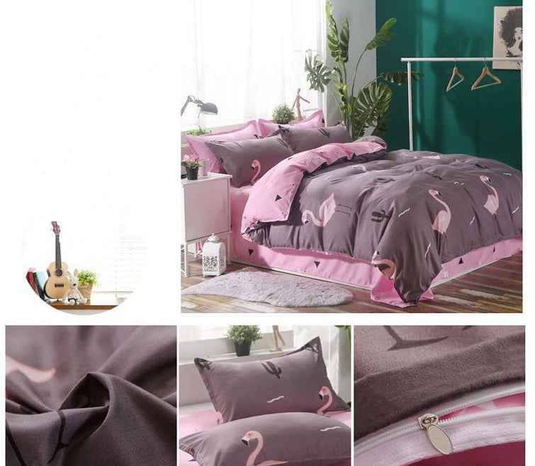 Pink Flamingo 4-Piece Bedding Set – Tropical Floral Polyester Quilt Cover, Sheet & Pillowcases