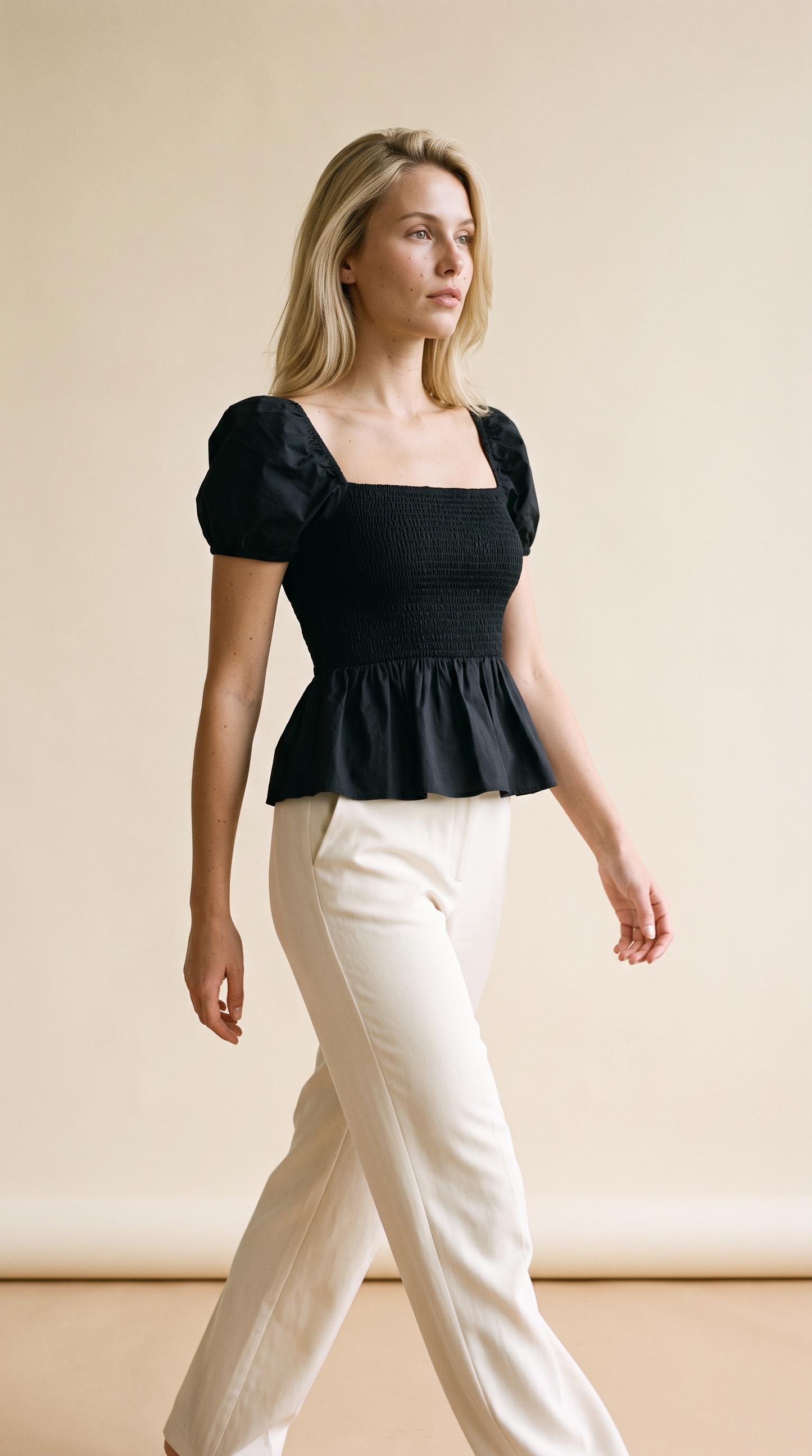 Sera – Cotton Poplin Puff Sleeve Peplum Blouse Top In Black