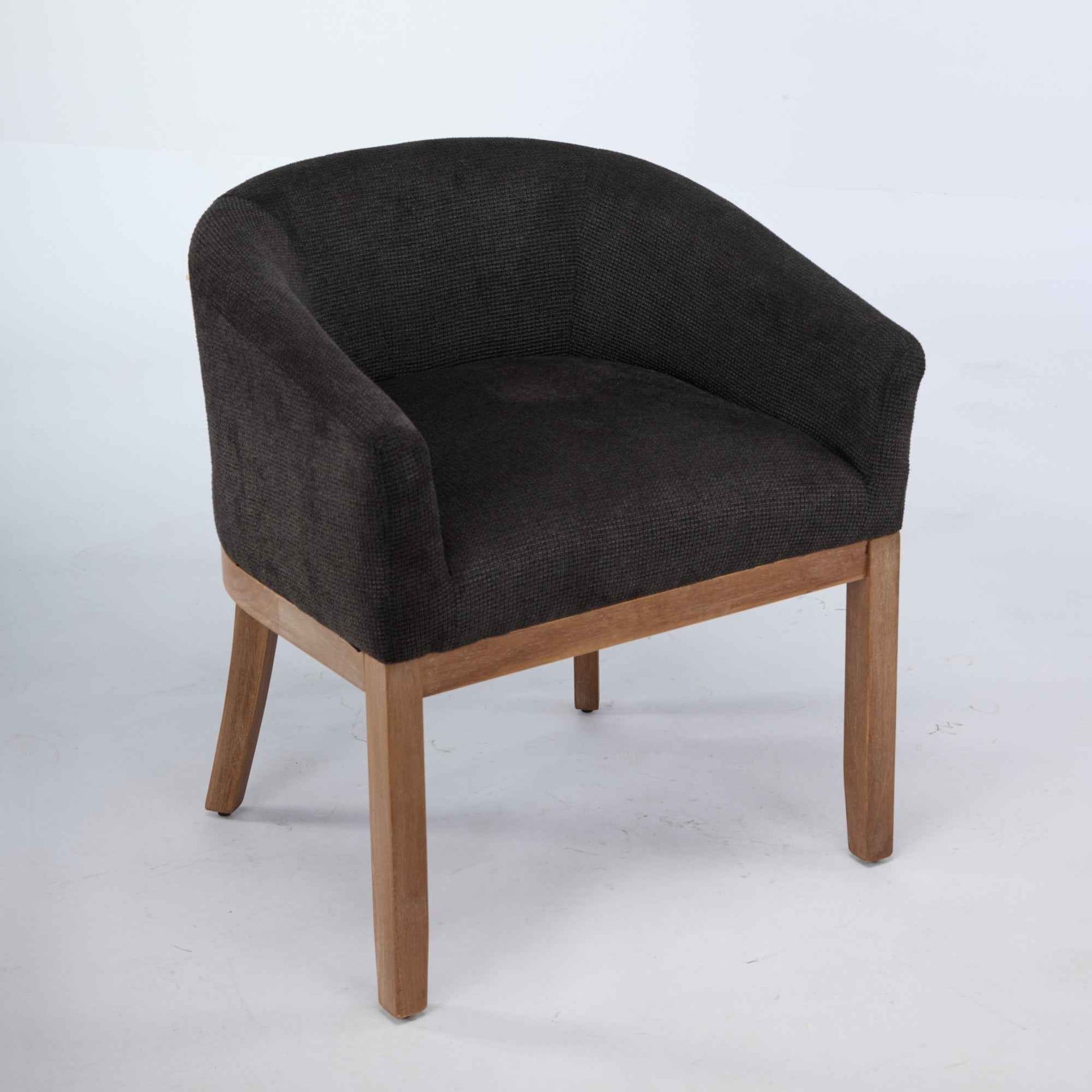 Mid-Century Modern Barrel Dining Chair with Arms – Black Upholstered Linen Accent Chair with Natural Rubberwood Frame (United States Delivery Only)