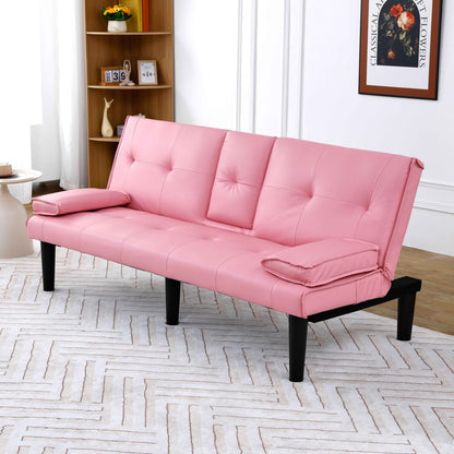 67" Pink PVC Sofa Bed with Foldable Design & Cup Holder, 2-Seater Convertible Sleeper Sofa (United States Delivery Only)