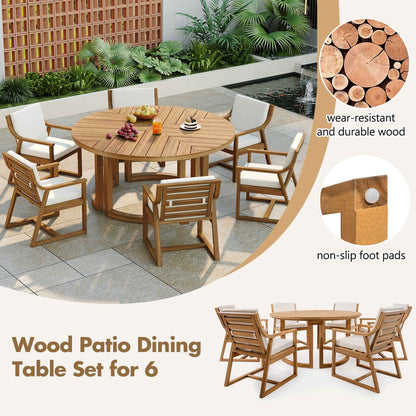 TREXM 7-Piece Outdoor Acacia Wood Dining Set for 6 – 59" Round Table with Umbrella Hole & Removable Beige Cushions, Light Teak (Deliver to United States Only)
