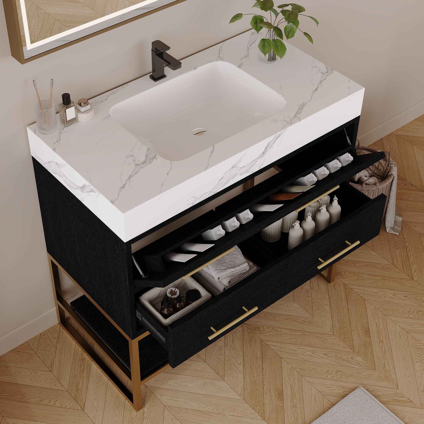 36" Artificial Stone Bathroom Vanity with Ceramic Sink – Soft-Close Drawers & Open Shelves