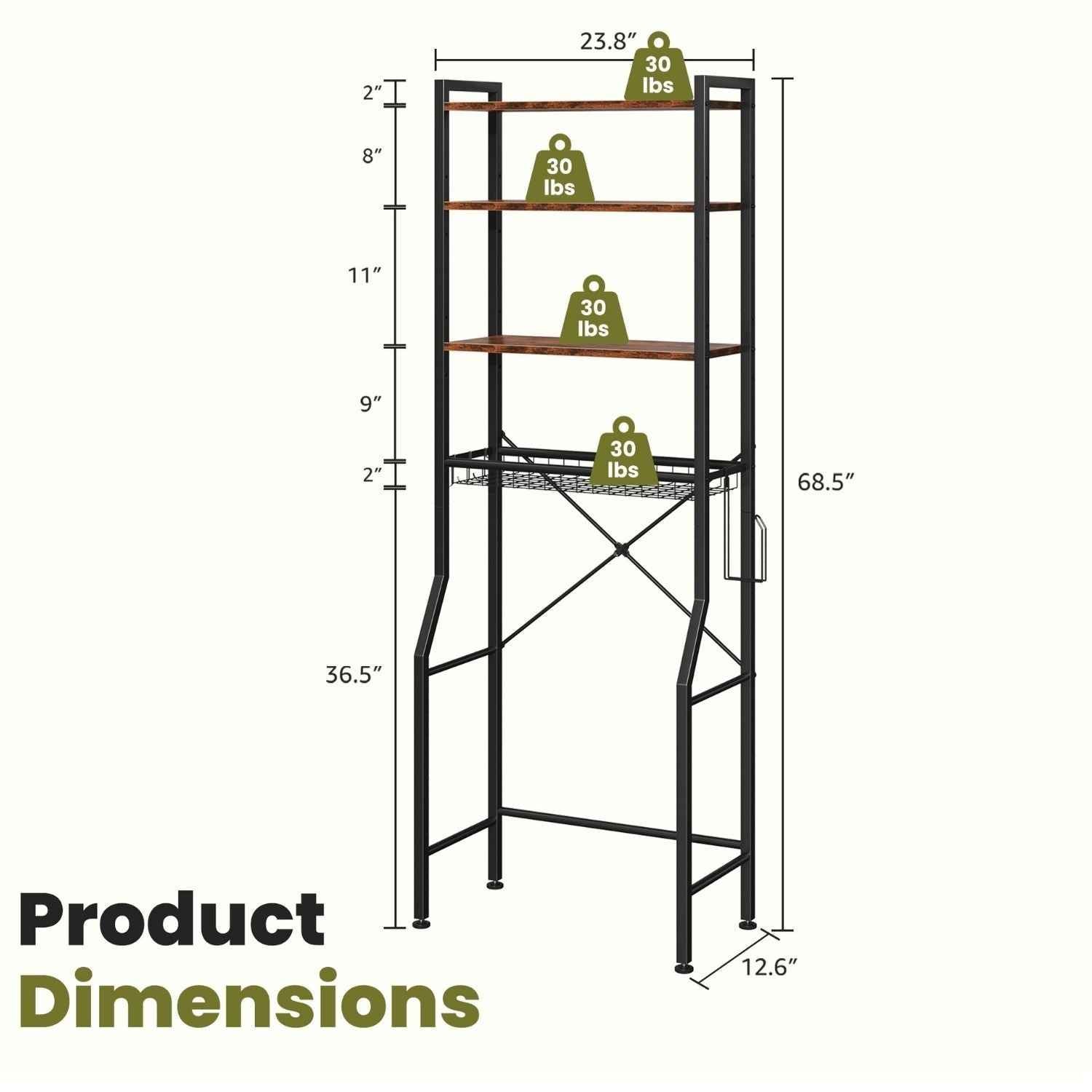 68-inch Independent Bathroom Storage Rack, Iron And Wood Material Toilet Above Storage Rack, Used For Placing Towels And Toiletries In The Bathroom