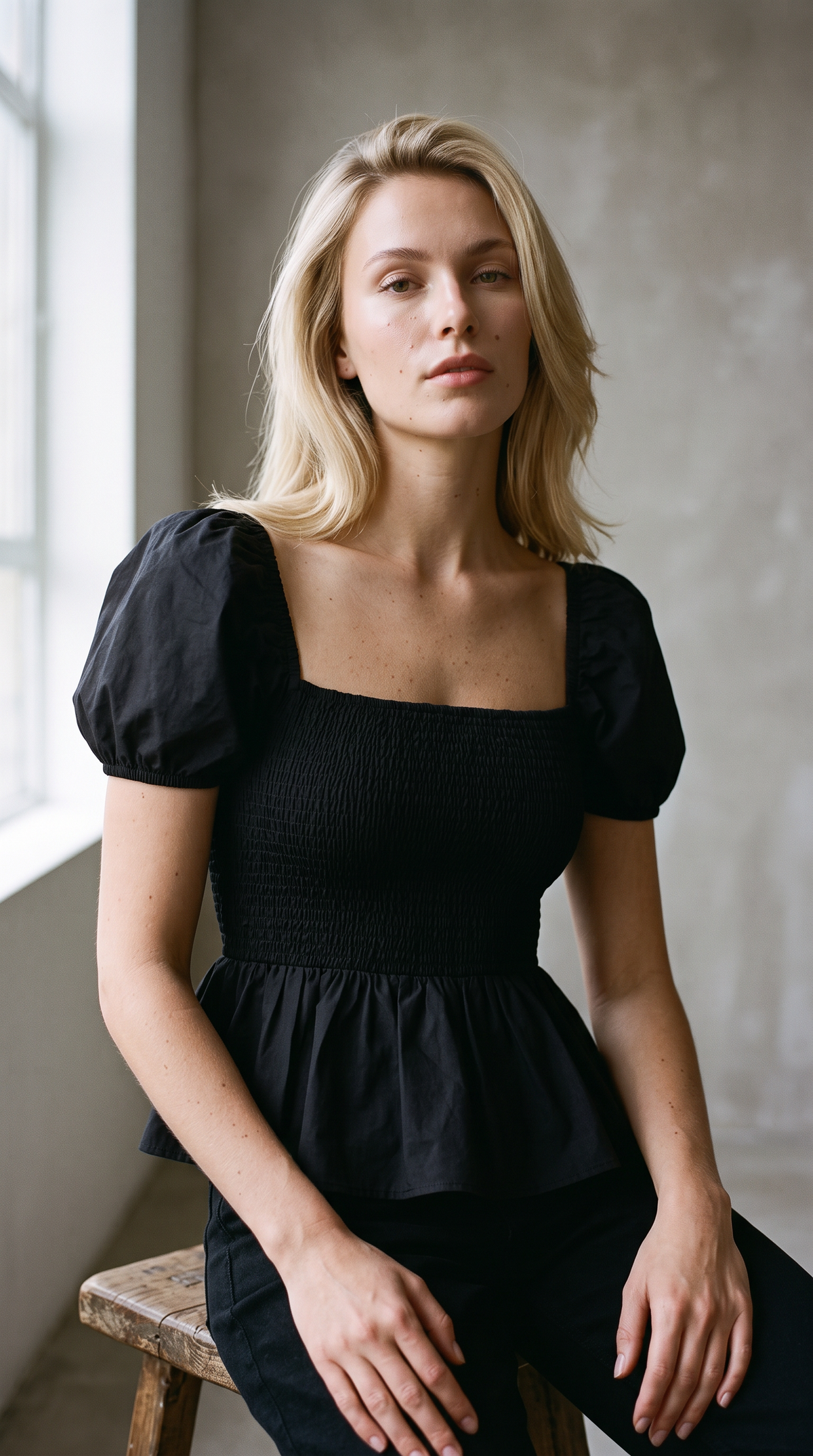 Sera – Cotton Poplin Puff Sleeve Peplum Blouse Top In Black