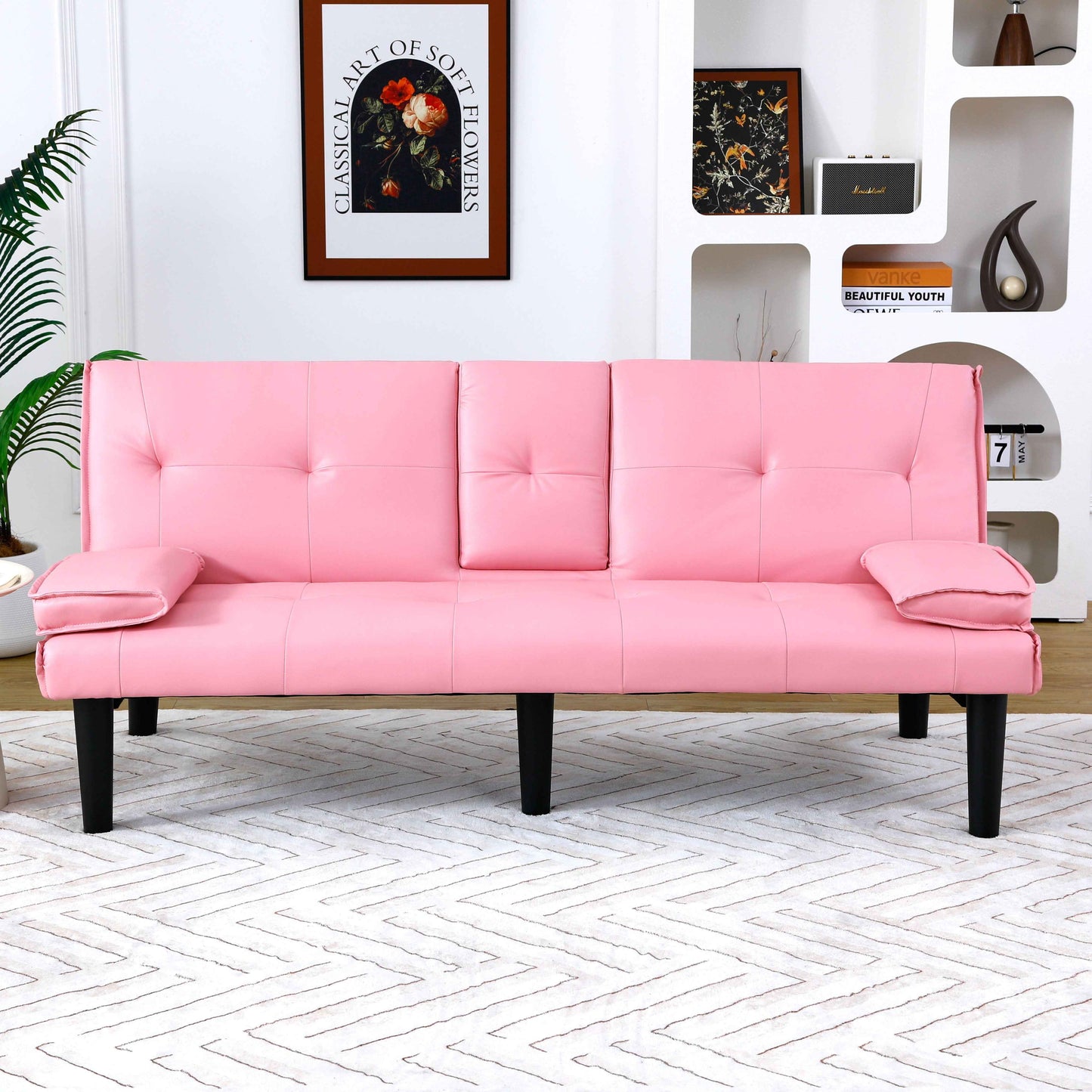 67" Pink PVC Sofa Bed with Foldable Design & Cup Holder, 2-Seater Convertible Sleeper Sofa (United States Delivery Only)