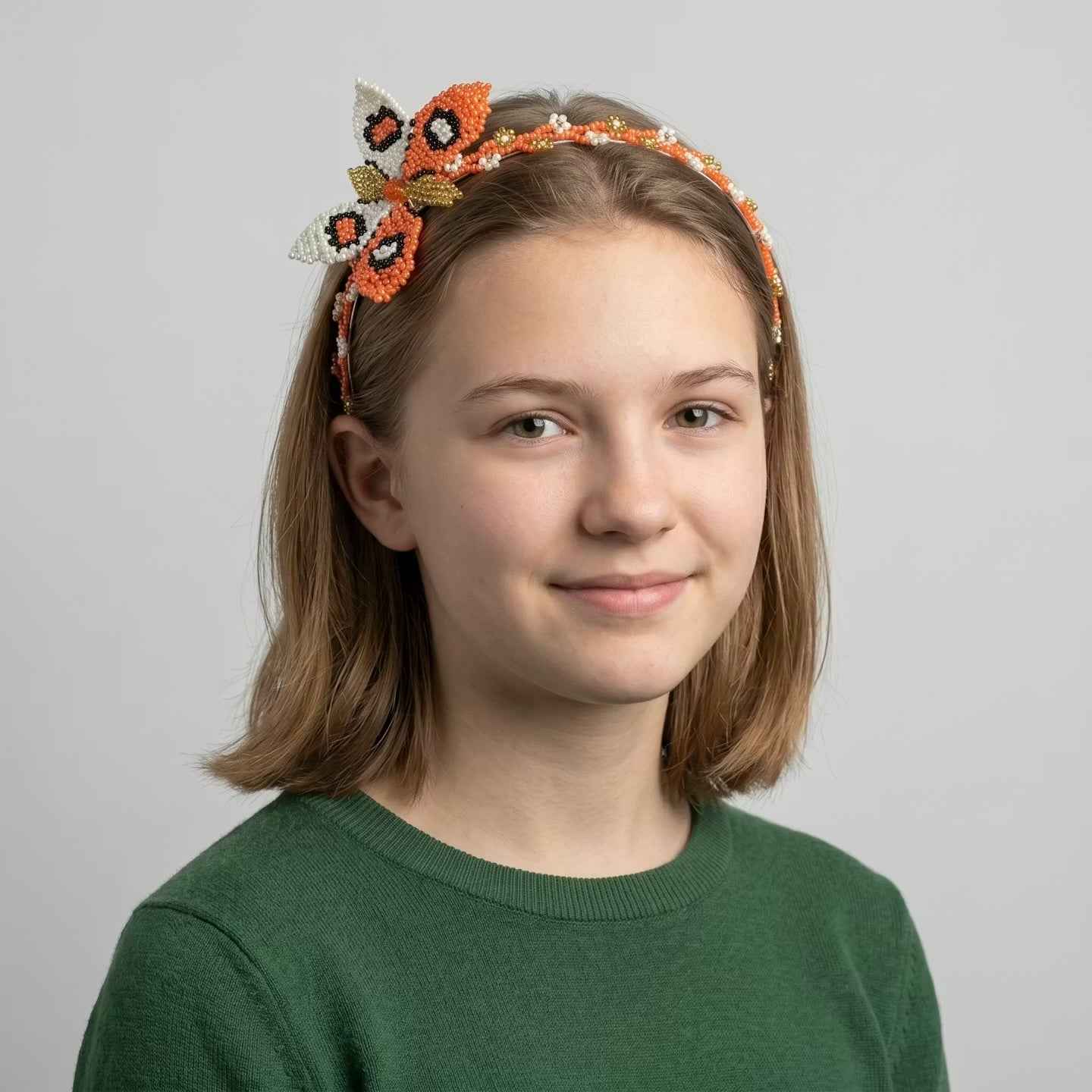 Beaded Headband with Butterfly Orange & White