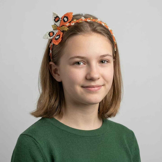 Beaded Headband with Butterfly Orange & White