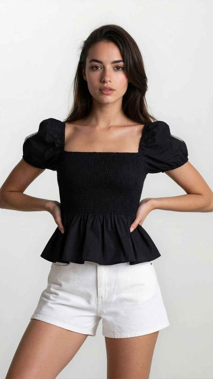 Sera – Cotton Poplin Puff Sleeve Peplum Blouse Top In Black